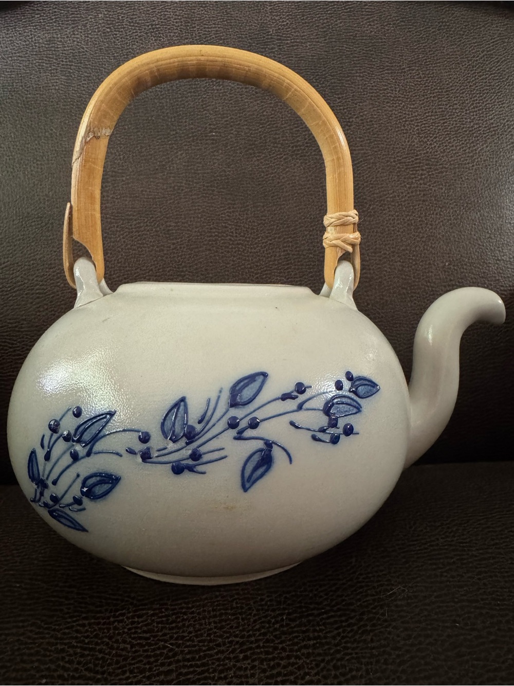 Salmon Falls Pottery 1999 Blueberry Vine Teapot with Bamboo Handle